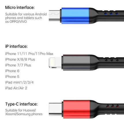 Awei Multi-Charging Cable for Everyday Device Connections - three-port cable with Micro, Lightning, and USB-C connectors for phones, tablets, earbuds