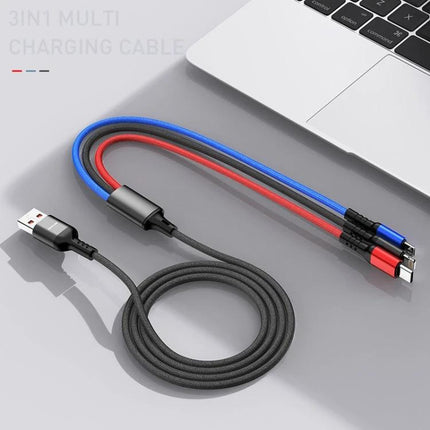 Awei Multi-Charging Cable for Everyday Device Connections – 3-in-1 braided USB cable charging phone, tablet and earbuds simultaneously