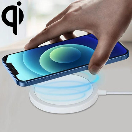 Compact Magnetic Charger for Home and Travel Use showing a phone automatically aligning on a white wireless charging pad for fast PD/QC charging