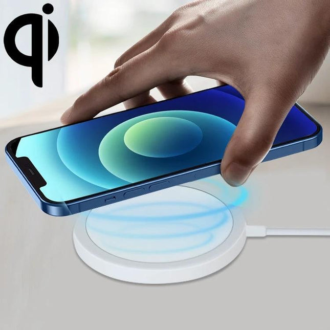 Compact Magnetic Charger for Home and Travel Use showing a phone automatically aligning on a white wireless charging pad for fast PD/QC charging