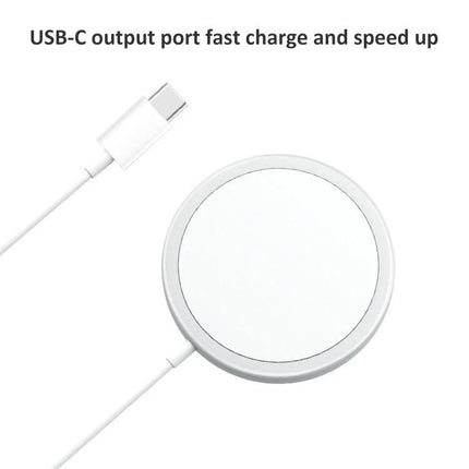 Compact Magnetic Charger for Home and Travel Use showing white USB-C magnetic wireless charging pad with cable for desk and travel