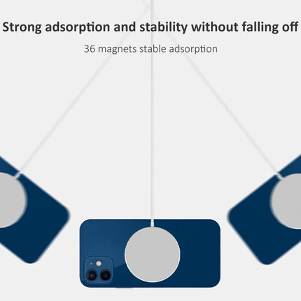 Compact Magnetic Charger for Home and Travel Use showing strong adsorption with 36 magnets and stable phone alignment for desk and travel charging