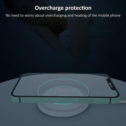 Compact Magnetic Charger for Home and Travel Use showing a phone auto-aligned on a wireless pad with overcharge protection for safe overnight charging