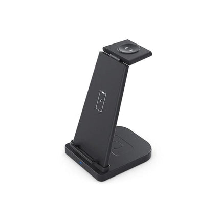 Essential charging solution for daily Apple device needs at home - black 3-in-1 wireless charging station for iPhone, Apple Watch, and headphones