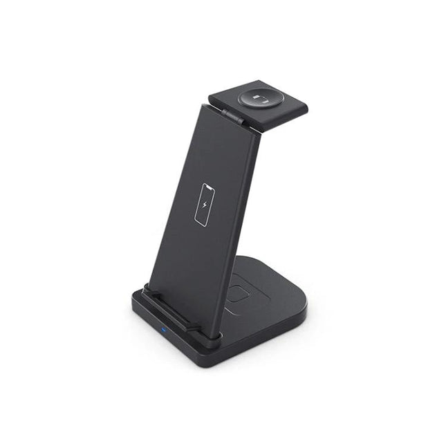Essential charging solution for daily Apple device needs at home - black 3-in-1 wireless charging station for iPhone, Apple Watch, and headphones