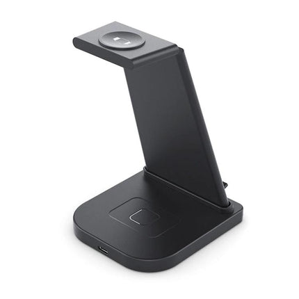Essential charging solution for daily Apple device needs at home - black 3-in-1 wireless charging station for iPhone, Apple Watch, and headphones