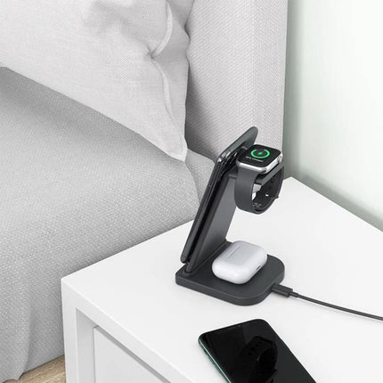 Essential charging solution for daily Apple device needs at home - 3-in-1 nightstand charger for iPhone, Apple Watch, and AirPods, tidy cable-free setup