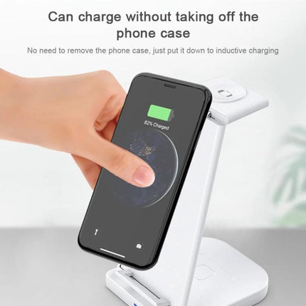 Essential charging solution for daily Apple device needs at home - sleek three-in-one stand charging iPhone, Apple Watch and earbuds
