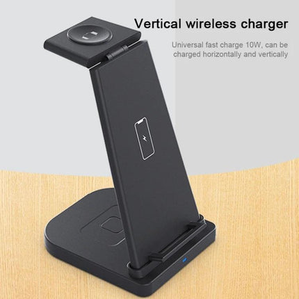 Essential charging solution for daily Apple device needs at home black 3-in-1 vertical wireless charger for iPhone, Apple Watch and headphones
