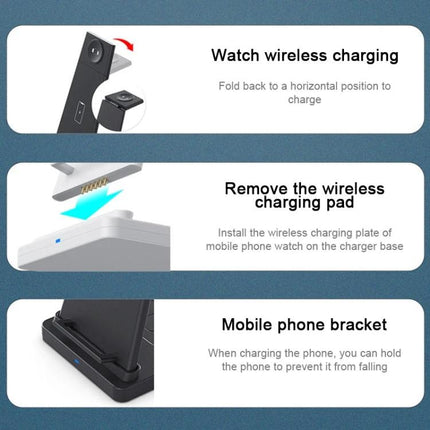 Essential charging solution for daily Apple device needs at home - 3-in-1 wireless charger showing watch wireless charging, removable pad, and phone bracket