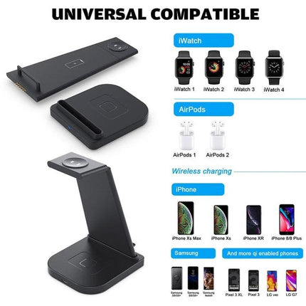 Essential charging solution for daily Apple device needs at home - 3-in-1 wireless station for iPhone, Apple Watch (1-5), and AirPods, tidy cable-free charging