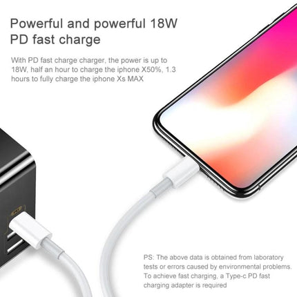 AWEI Type-C Cable for Daily Device Charging Needs showing cable charging smartphone with 18W PD fast charge from USB adapter