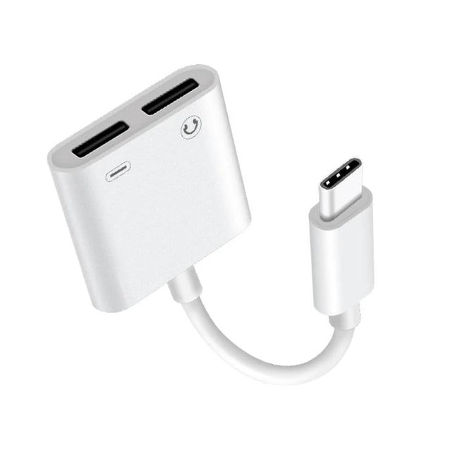 Versatile USB-C Adapter for Audio and Charging in Daily Life - compact white dongle for charging and audio control on the go