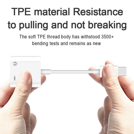 Versatile USB-C Adapter for Audio and Charging in Daily Life showing hands stretching durable TPE cable and compact adapter