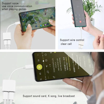 Versatile USB-C Adapter for Audio and Charging in Daily Life showing phone charging and audio use with calls and music