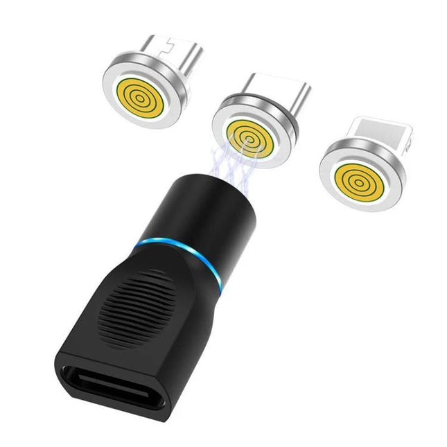 Magnetic Adapter Set for Daily Device Charging Needs - black magnetic Type-C adapter with three silver magnetic tips for easy charging and data transfer