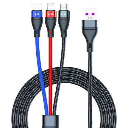Essential Cable for Charging Phones on the Go or at Home - braided 3-device USB charging cable with blue, red and black connectors