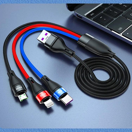 Essential Cable for Charging Phones on the Go or at Home - 3-in-1 braided charging cable with USB-A to micro USB, Lightning, and USB-C for simultaneous device charging