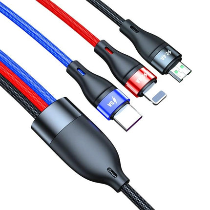 Essential Cable for Charging Phones on the Go or at Home - braided 3-in-1 charging cable with USB-C, Lightning, and Micro-USB connectors for simultaneous device charging