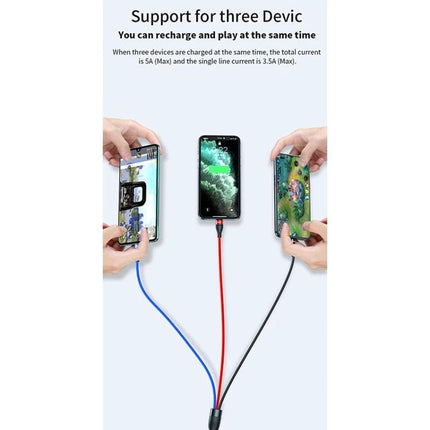 Essential Cable for Charging Phones on the Go or at Home charging three phones simultaneously with red blue and black cables