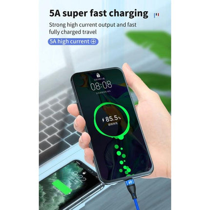 Essential Cable for Charging Phones on the Go or at Home showing a hand-held phone charging at 85% with 5A super fast charging and multiple devices connected