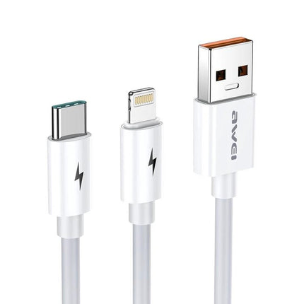 Awei Multi Cable for Everyday Device Charging On the Go - white Type-C to Lightning and USB charging cable