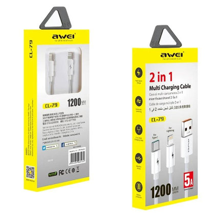 Awei Multi Cable for Everyday Device Charging On the Go - 2-in-1 Type-C to Lightning 1200mm retail packaging