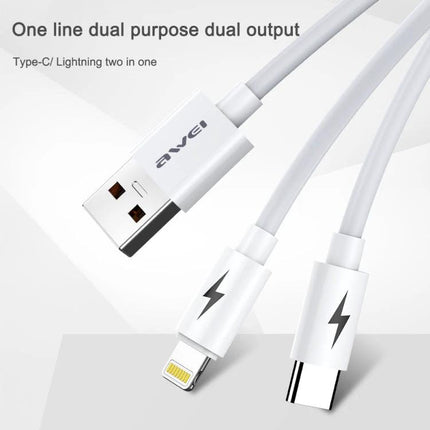 Awei Multi Cable for Everyday Device Charging On the Go – white Type-C to Lightning dual-output cable for charging and data transfer