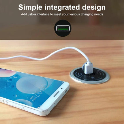 Embedded KP-ZMC Wireless Charger for Daily Home Desk Use shown integrated in desk charging a smartphone with USB-A port