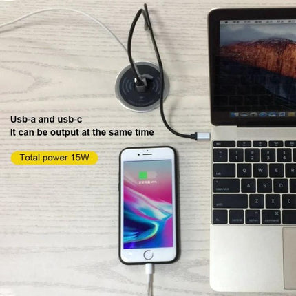 Embedded KP-ZMC Wireless Charger for Daily Home Desk Use showing charger embedded in desk with phone charging near laptop, 15W total output