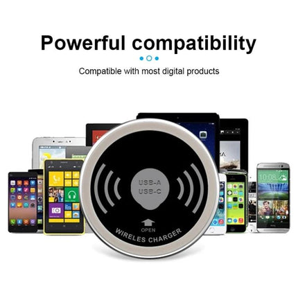 Embedded KP-ZMC Wireless Charger for Daily Home Desk Use showing round wireless pad with multiple compatible phones and tablets