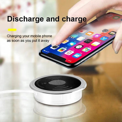 Embedded KP-ZMC Wireless Charger for Daily Home Desk Use shown embedded in a home desk charging a smartphone instantly