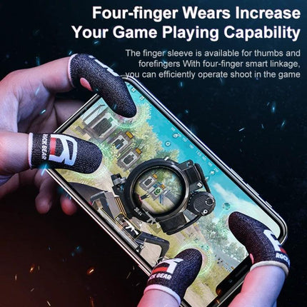 Comfortable ROCK Finger Covers for Daily Gaming At Home on hands using four-finger sleeves with silver fiber for mobile gameplay
