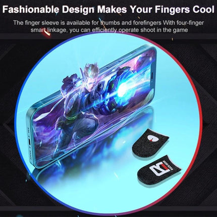 Comfortable ROCK Finger Covers for Daily Gaming At Home showing black conductive finger sleeves beside smartphone with action game