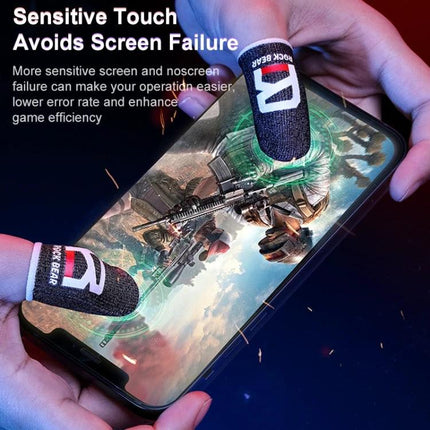 Comfortable ROCK Finger Covers for Daily Gaming At Home - close-up of conductive silver fiber thumb sleeves on smartphone gaming screen