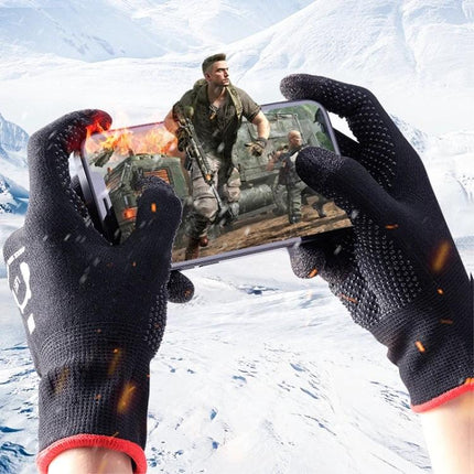 Comfortable ROCK Gloves for Everyday Gaming Sessions at Home showing black silver-fiber touchscreen gaming gloves on hands holding a smartphone displaying an action game
