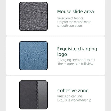 Functional Mouse Pad with Wireless Charging for Daily Home Office Use - grey fabric mouse slide, blue PU charging area with logo, cohesive zone