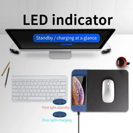 Functional Mouse Pad with Wireless Charging for Daily Home Office Use showing LED indicator, phone charging area and mouse on desk, red/blue status lights