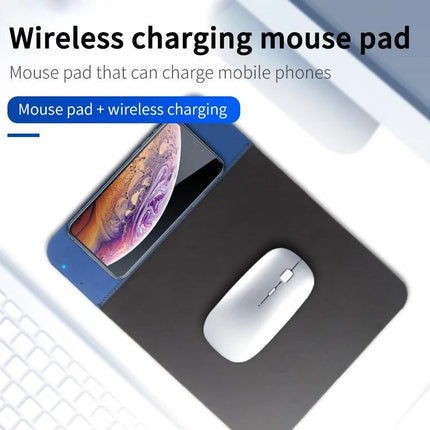 Functional Mouse Pad with Wireless Charging for Daily Home Office Use - sleek black mouse pad with built-in wireless charging area holding a smartphone and white mouse