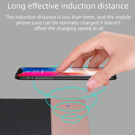 Functional Mouse Pad with Wireless Charging for Daily Home Office Use showing phone hovering over charging spot and hand placing device