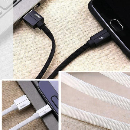 REMAX USB to Lightning Cable for Daily Device Charging – 2m braided charging cable connected to phone and laptop for desk, car, and travel use