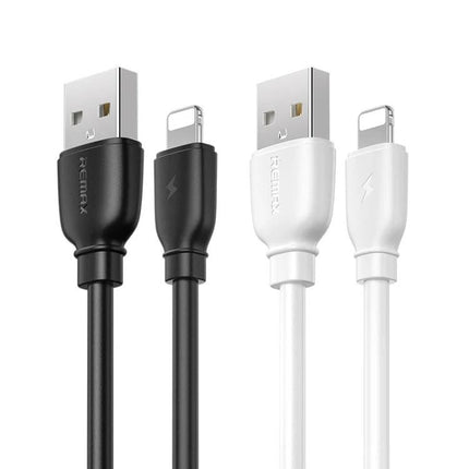 REMAX USB Cable for Charging Phones in Daily Life — black and white USB to Lightning charging and data transfer cables