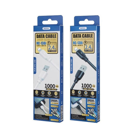 REMAX USB Cable for Charging Phones in Daily Life - white and black RC-138i data cables in retail packaging, 2.4A fast charging and 1000mm length
