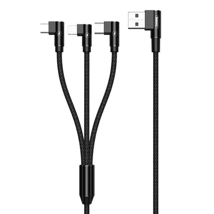 REMAX Charging Cable for Daily Home and Travel Devices – black 3-in-1 braided cable with right-angle USB and three connectors for phone and tablet charging