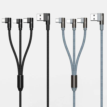 REMAX Charging Cable for Daily Home and Travel Devices - braided 3-in-1 multiport cable with right-angle USB and USB-C/Lightning connectors