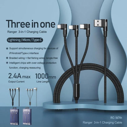 REMAX Charging Cable for Daily Home and Travel Devices - braided 3-in-1 Lightning/Micro/Type-C cable, 1000mm, tangle-free charging