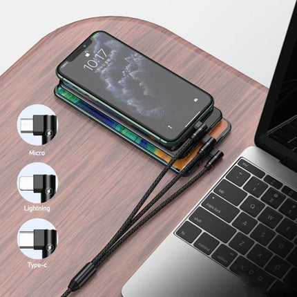 REMAX Charging Cable for Daily Home and Travel Devices - braided 3-in-1 charger powering multiple phones at desk