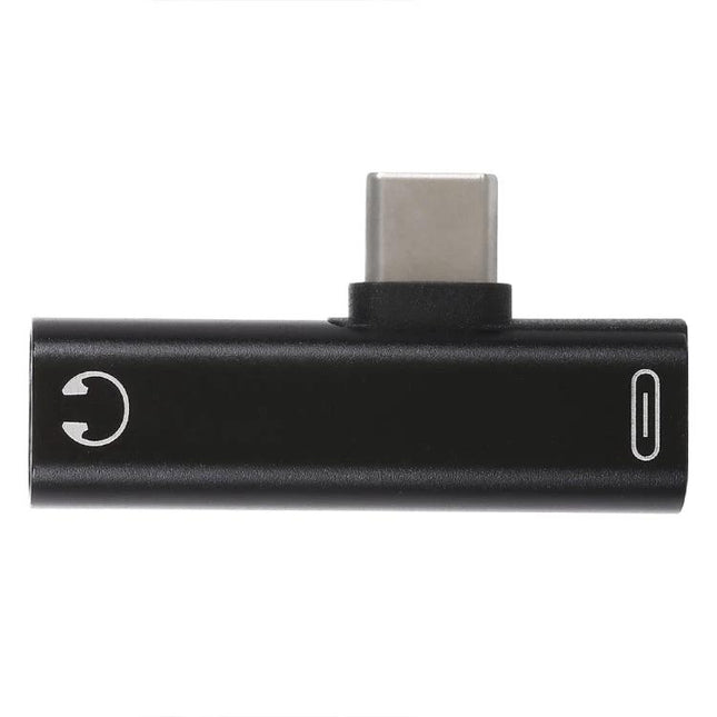 Compact Adapter for Everyday Phone Charging and Audio — black Type-C splitter enabling simultaneous charging and headphone audio