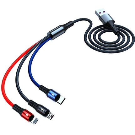 K061 Versatile 3-in-1 Cable for Daily Device Charging Needs - braided multi-connector USB cable with Lightning, USB-C, Micro-USB for travel and commute