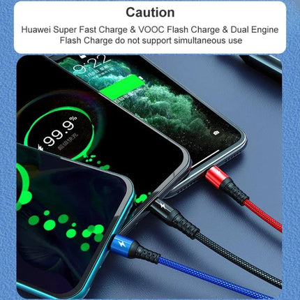 K061 Versatile 3-in-1 Cable for Daily Device Charging Needs showing three phones charging simultaneously with braided red, blue, and black cables